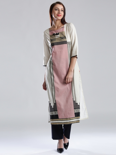 

W Women Off-White & Pink Printed Straight Kurta