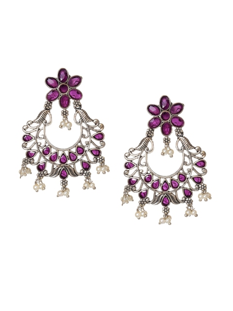 

INDYA Silver-Toned White & Pink Stone-Studded & Beaded Chandbalis Earrings