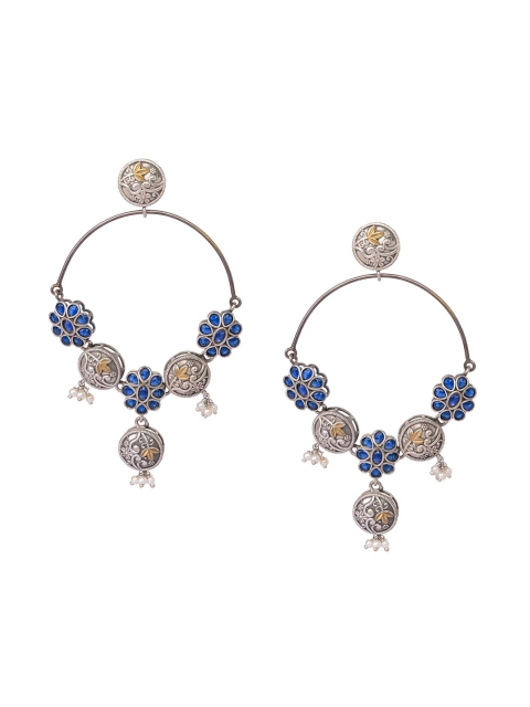 

INDYA Blue Stone Studded Handcrafted Hoop Dangler Earrings