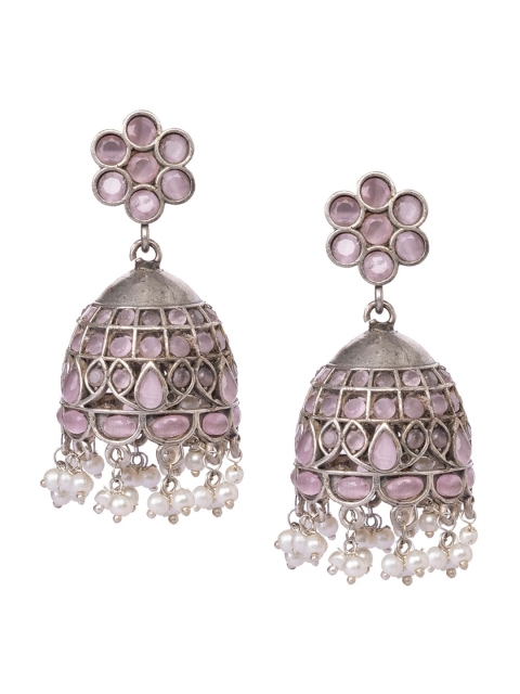 

INDYA Silver-Plated & Pink Stones-Studded Jhumka Earrings