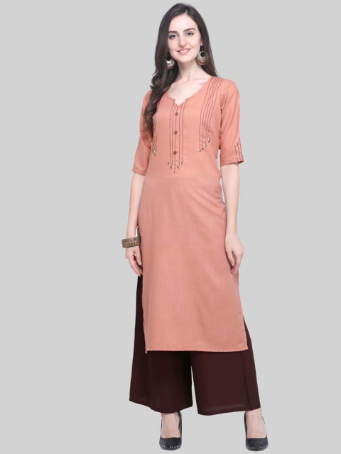 

SAPTRANGI Women Brown Pleated Thread Work Kurti with Trousers