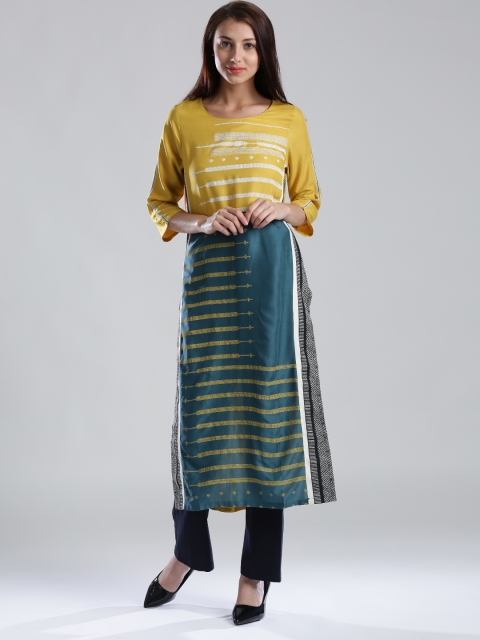 

W Women Mustard Yellow & Teal Green Printed Straight Kurta