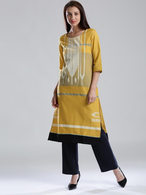 

W Women Mustard Yellow Printed Straight Kurta