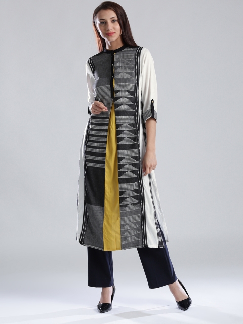 

W Women White & Black Woven Design Straight Kurta