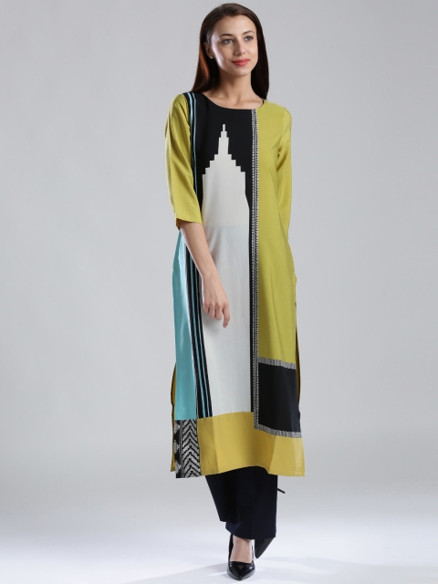 

W Women Green & Off-White Colourblocked Straight Kurta