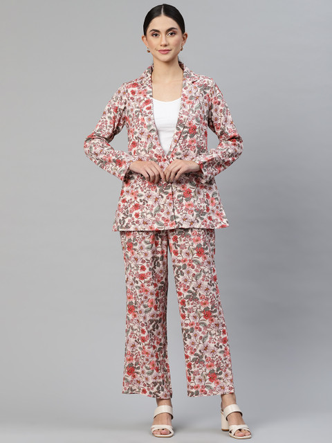 

DEEBACO Women Off White & Coral Pink Printed Pure Cotton Blazer with Trousers