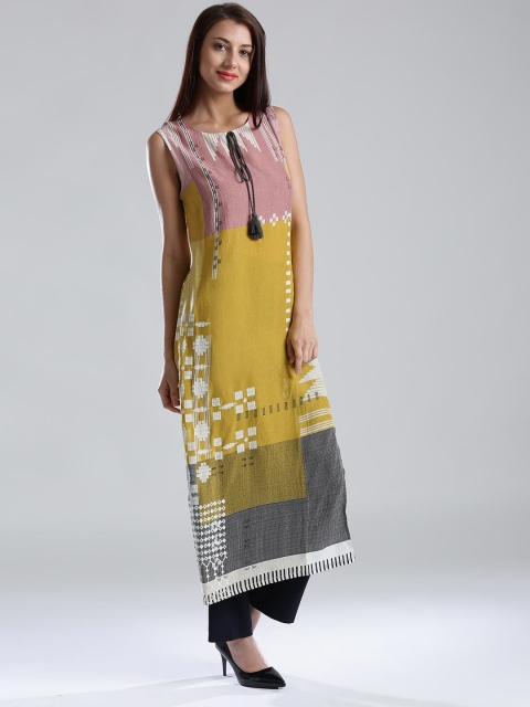 

W Women Mustard Yellow & Pink Printed Straight Kurta