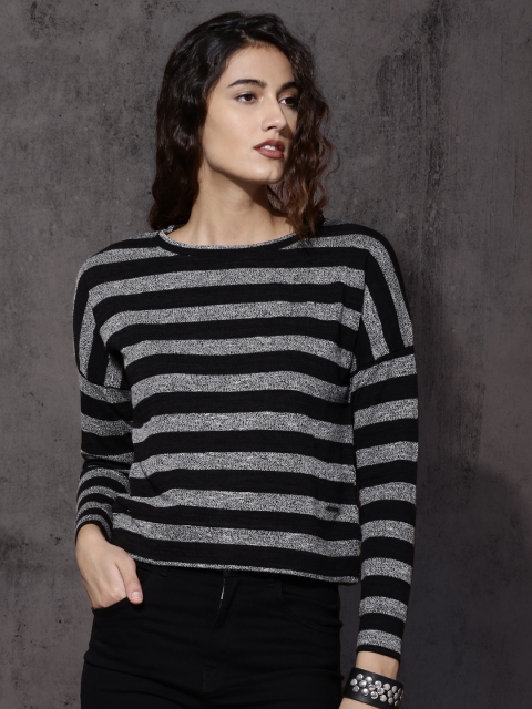 

Roadster Women Black & Grey Striped Round Neck T-Shirt