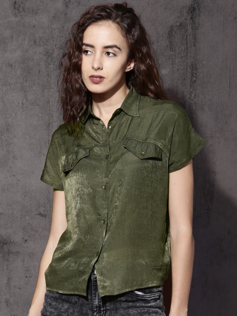 

Roadster Women Olive Green Regular Fit Solid Casual Shirt