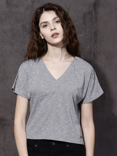 

Roadster Women Grey Striped Boxy Top