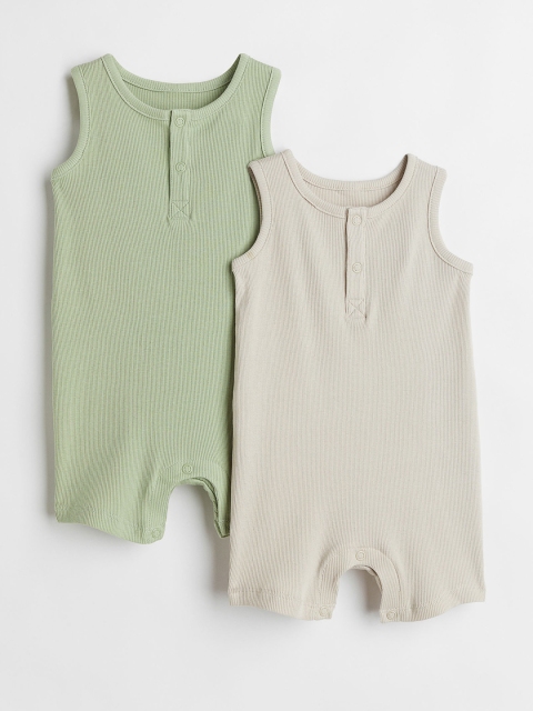 

H&M Boys Beige & Green Solid 2-Pack Sleeveless Cotton Romper Suits