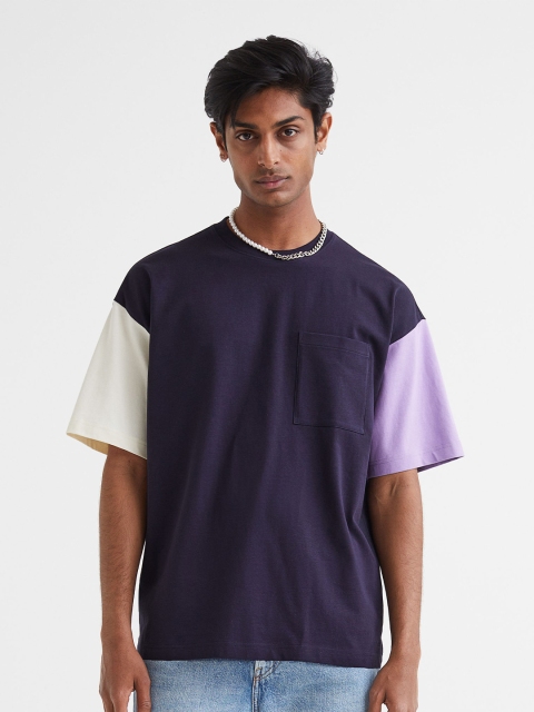 

H&M Men Blue & Purple Oversized Fit Pure Cotton T-shirt