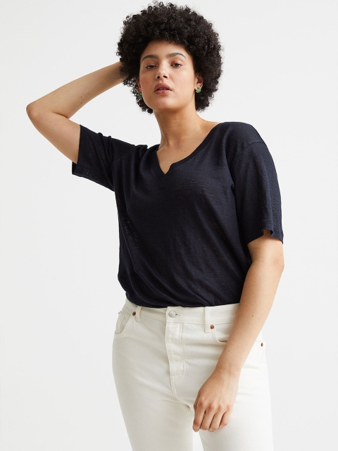 

H&M Women Blue Solid V-Neck Linen-Jersey T-Shirt