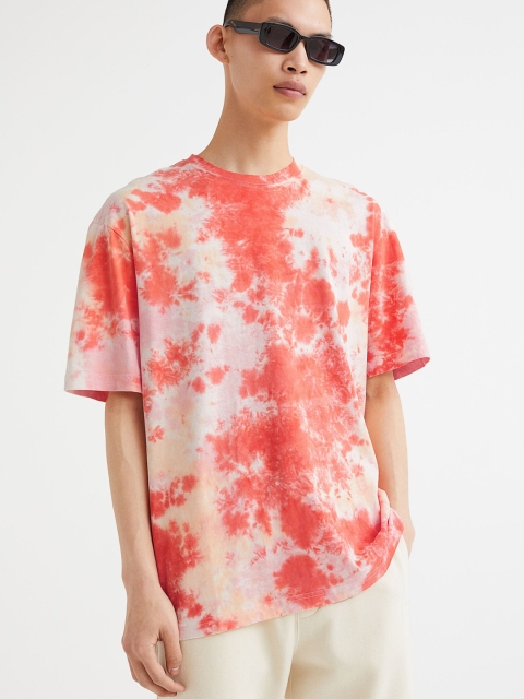 

H&M Men Coral Pink & White Relaxed Fit Patterned Cotton T-shirt