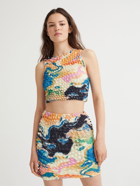 

H&M Women Multicoloured Printed Crop Smocked Top, Multi