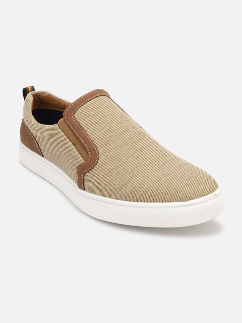 

Peter England Men Beige Textured PU Slip-On Sneakers