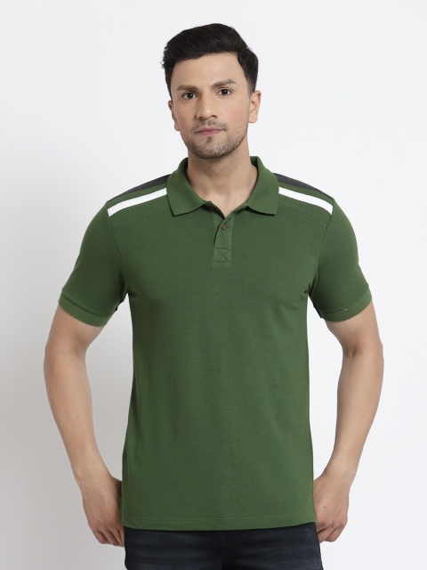 

Kalt Men Green Polo Collar Cotton Shoulder Striped T-shirt