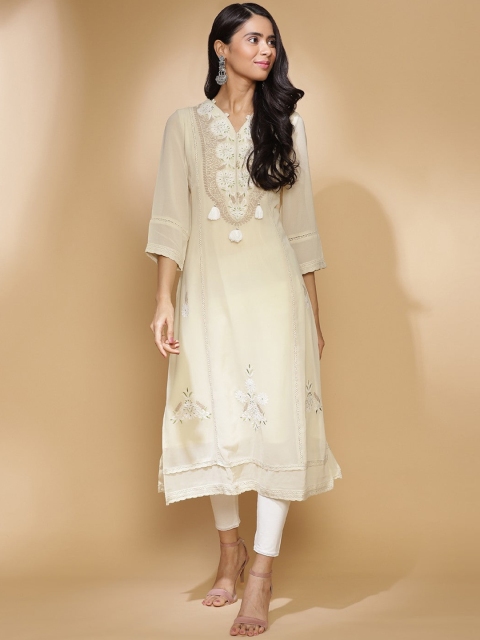 

Lakshita Women Red Ethnic Motifs Embroidered Flared Sleeves Thread Work Kurta