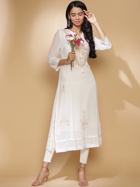 

Lakshita Women White Geometric Embroidered Flared Sleeves Chikankari Kurta