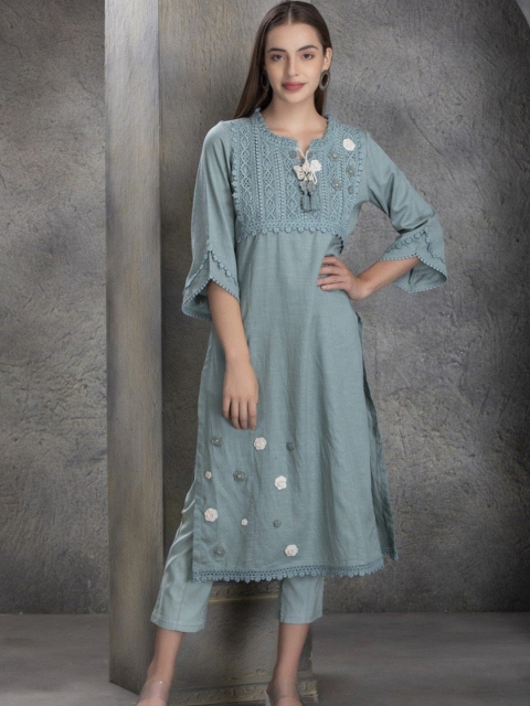 

Lakshita Women Blue Geometric Flared Sleeves Thread Work Kurta