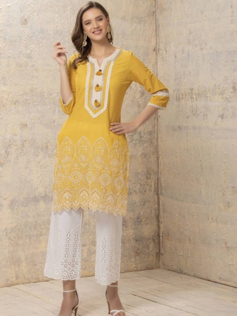 

Lakshita Women Mustard Yellow Paisley Embroidered Thread Work Kurta