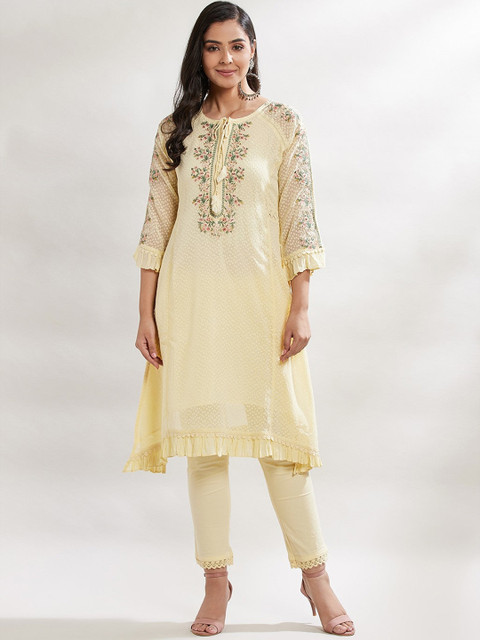 

Lakshita Women Mustard Yellow Yoke Design Keyhole Neck Flared Sleeves Kurta