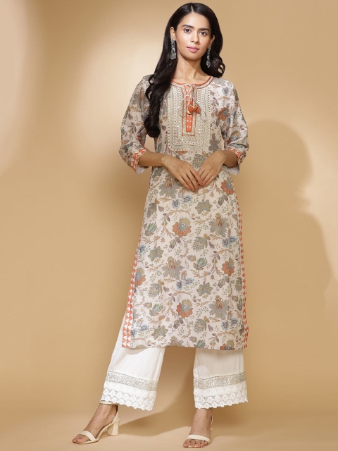 

Lakshita Women Beige Floral Checked Keyhole Neck Kaftan Kurta