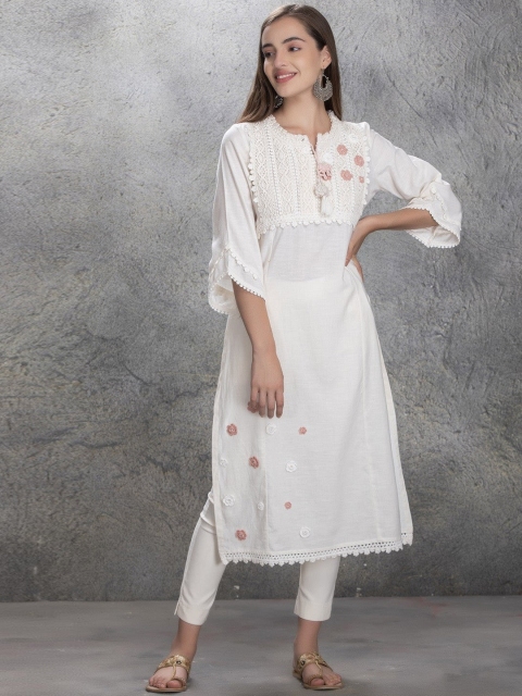 

Lakshita Women White Floral Embroidered Keyhole Neck Flared Sleeves Kurta