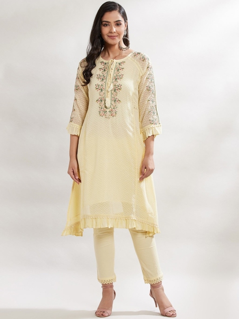 

Lakshita Women Mustard Yellow Yoke Design Keyhole Neck Flared Sleeves Kurta