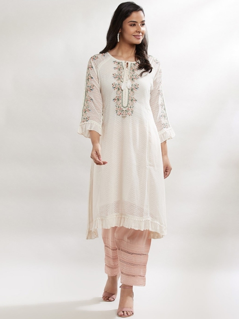 

Lakshita Women White Geometric Embroidered Flared Sleeves Thread Work Kurta