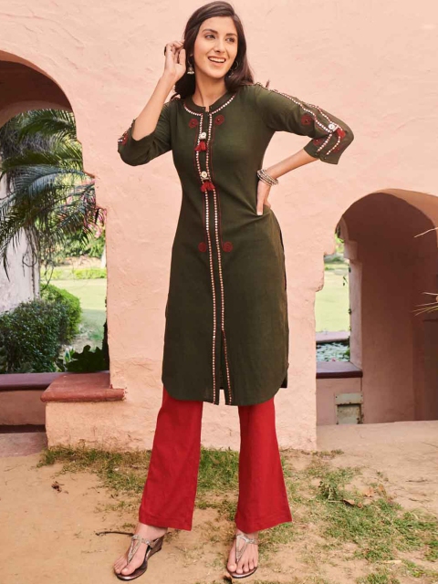 

Lakshita Women Olive Green Thread Work Kurta
