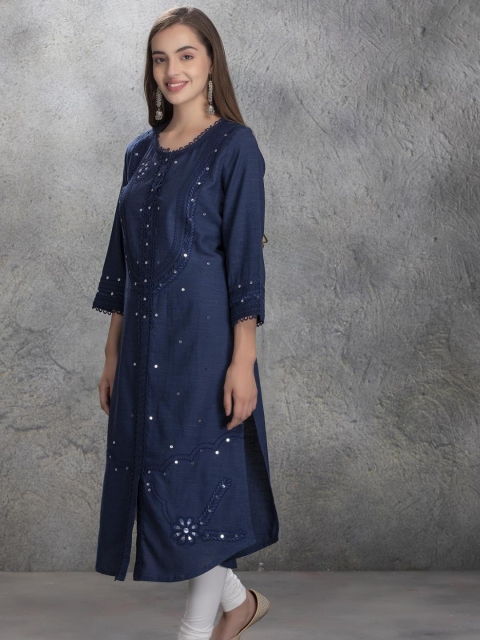 

Lakshita Women Blue Geometric Embroidered Thread Work Kurta