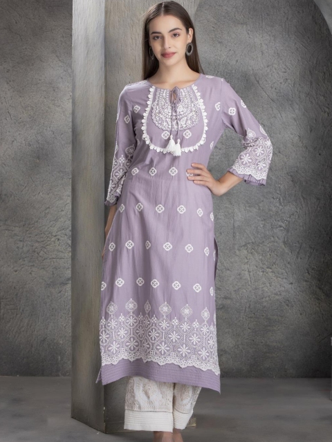 

Lakshita Women Purple Ethnic Motifs Printed Flared Sleeves Chikankari Kurta