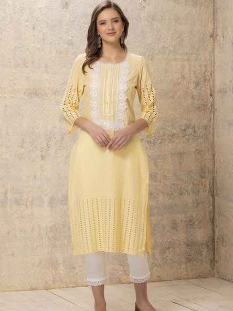 

Lakshita Women Yellow Ethnic Motifs Yoke Design Flared Sleeves Kurta