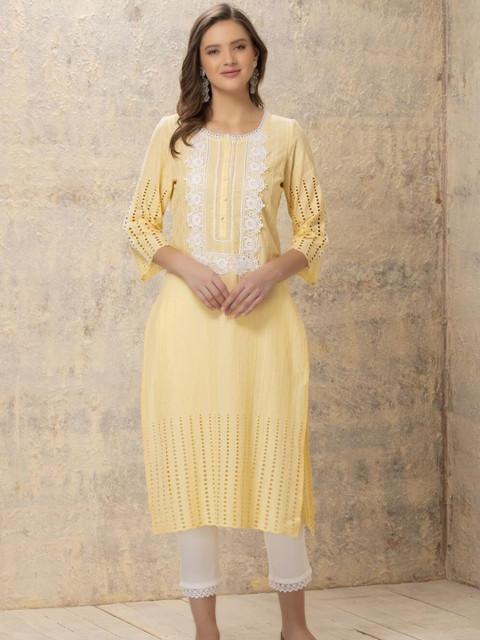

Lakshita Women Yellow Ethnic Motifs Yoke Design Flared Sleeves Kurta