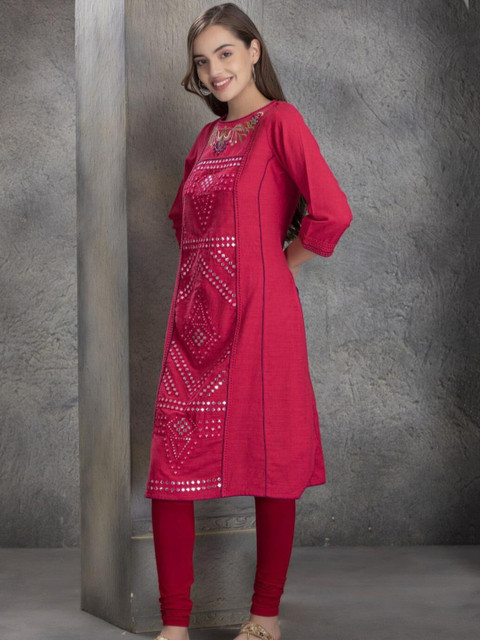 

Lakshita Women Red Ethnic Motifs Embroidered Mirror Work Kurta