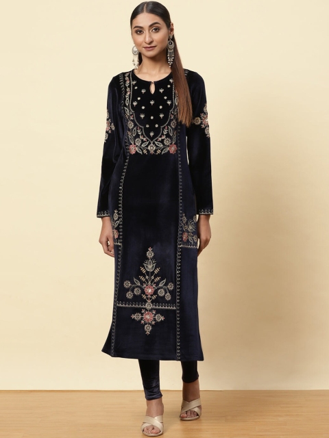 

Lakshita Women Blue Embroidered Keyhole Neck Thread Work Velvet Kurta