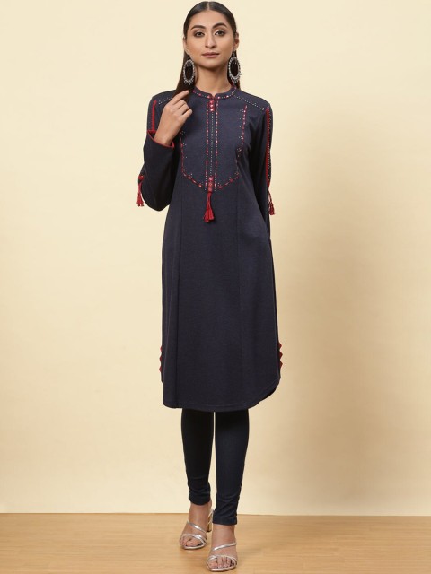 

Lakshita Women Navy Blue & Red Geometric Yoke Design Thread Work Denim Pathani Kurta
