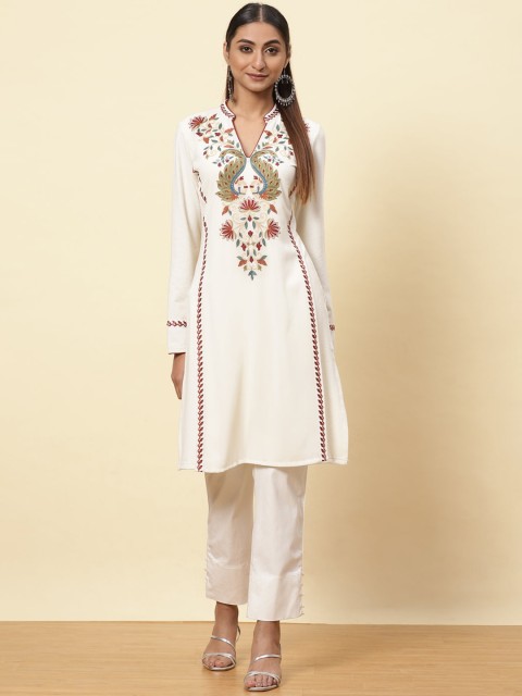 

Lakshita Women Cream-Coloured Yoke Design Thread Work Kurta
