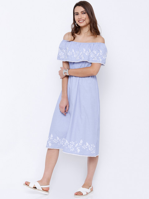 

Tokyo Talkies Women Blue Solid Bardot Dress