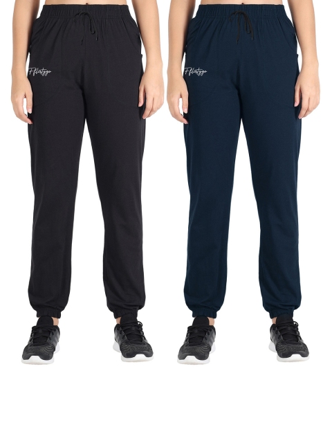 

FFLIRTYGO Women Pack Of 2 Solid Black & Navy Blue Cotton Track Pants