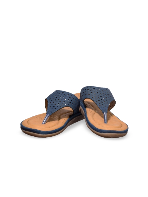 

Khadims Women Blue Embellished T-Strap Flats with Laser Cuts