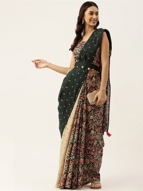 

Rustorange Green & Black Floral Half and Half Saree
