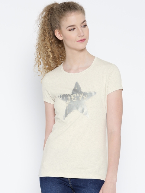 

Jockey Women Cream-Coloured Printed Round Neck T-shirt