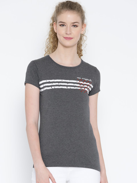 

Jockey Women Charcoal Grey Striped Round Neck T-shirt