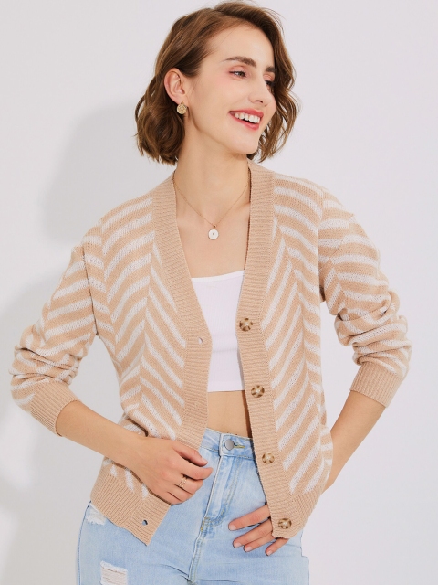 

URBANIC Women Camel Brown & White Striped Cardigan