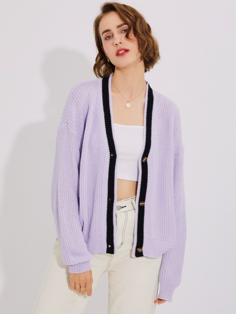 

URBANIC Women Purple Solid Knitted Sweater Coat