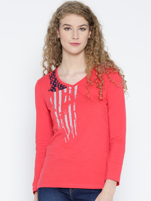 

Jockey Women Coral Red Printed V-Neck T-shirt