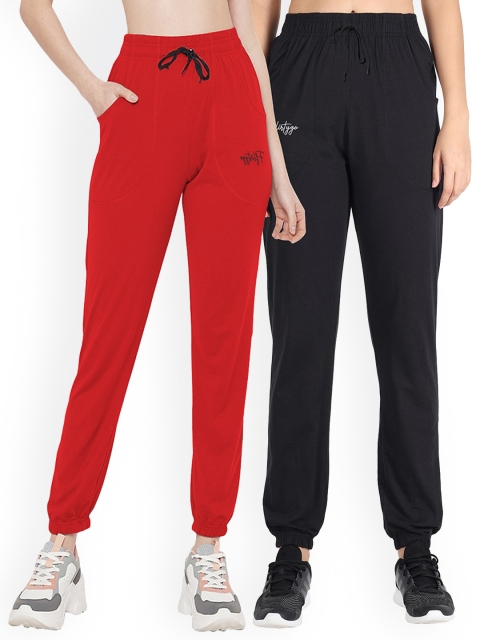 

FFLIRTYGO Women Pack Of 2 Red & Black Solid Cotton Joggers