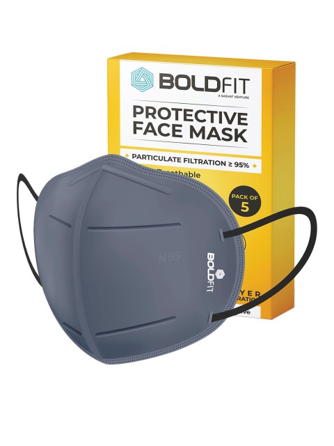 

BOLDFIT Unisex Pack Of 5 Black Solid 5-Ply Reusable N95 Outdoor Masks, Grey